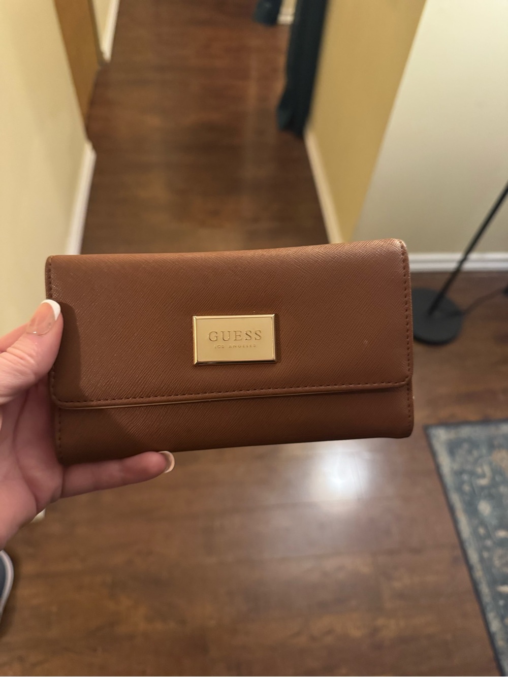 GUESS Tan/Brown Saffiano Wallet with Gold Plaque